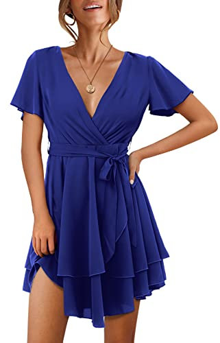 Beluring Damen Kleid Kurzarm Wickel V Ausschnitt Hohe Taille Minikleid Rüschen Partykleid Blau M