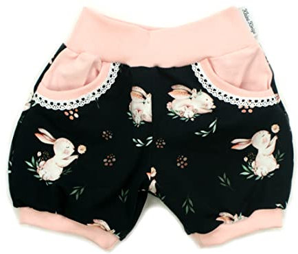 Kleine Könige Kurze Pumphose Baby Mädchen Shorts mit Taschen · Modell Hase Häschen Heidi schwarz mit Spitze, Altrosa · Ökotex 100 Zertifiziert · Größe 86/92