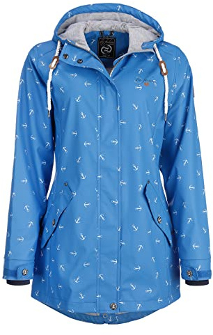 Dry Fashion Damen Regenmantel Cuxhaven mit Anker-Print - Regenjacke Jacke für Frauen mit verstellbarer Kapuze Winddicht Wasserdicht in Hellblau Größe 42