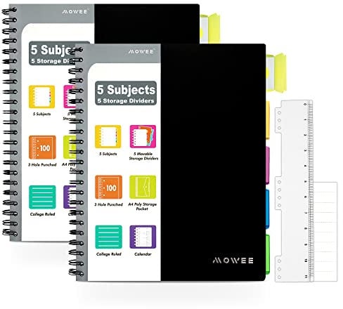 MOWEE 5 Subject Notebook, 2 Pack College Ruled Notebook with Storage Divider Pockets, Index Tabs, 11 Ruler, 100 Sheets of 200 Pages, for Writing Journal, School, Business, Office Supplies, A4,2pcs