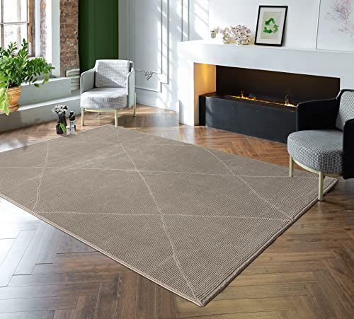the carpet Lima nachhaltiger und umweltbewusster Designer Teppich, weich & pflegeleicht, 3D-Effekt, waschbar, Flor aus 100% recyceltem Polyester, Raute, Beige, 120 x 170 cm