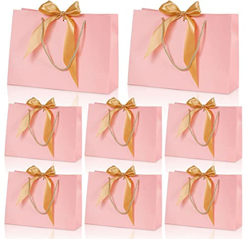 Geschenktüten Papiertüten,Papiertüten mit Henkel,8 Stück Geschenktüte Groß mit Schleife,Geschenktüten 32 x 25 x 11cm,Rosa