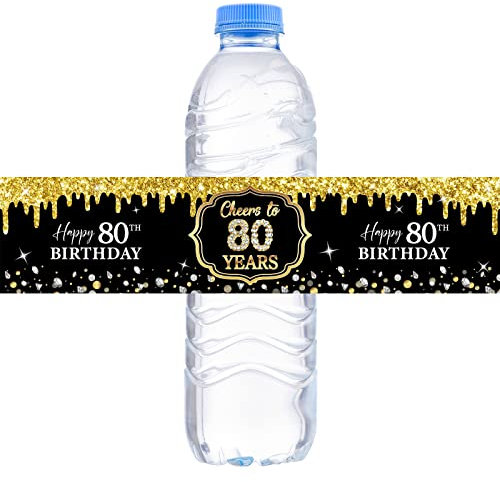 WOWOPA 32Pcs Cheers to 80 Years Water Bottle Labels, Happy 80th Birthday Labels Stickers for Women and Men Birthday Party Decorations - Black