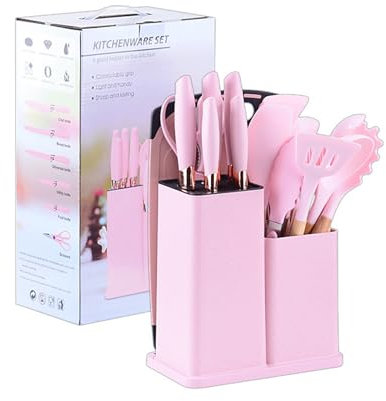 HRZZEOKV Juego de cuchillos de cocina profesional - Juego de 19 piezas con 11 utensilios de cocina de silicona - 7 cuchillos de cocina y tijeras de acero inoxidable - Tabla de cortar,Rosado