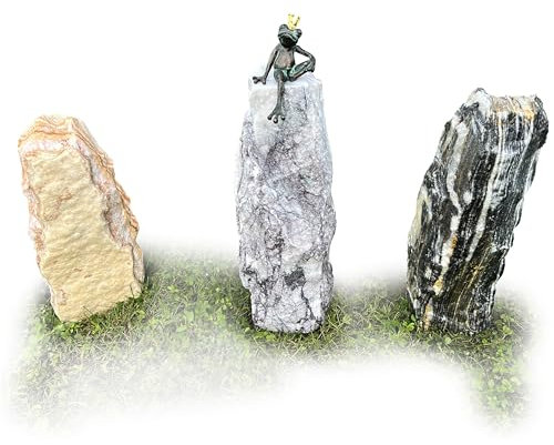 Gartendeko: Bronzefigur Froschkönig Brunnen wasserspeiend auf verschiedenen Steinsäulen Stelen 50cm hoch original Rotteneker Objekt - Yellow Stone (Yellow)