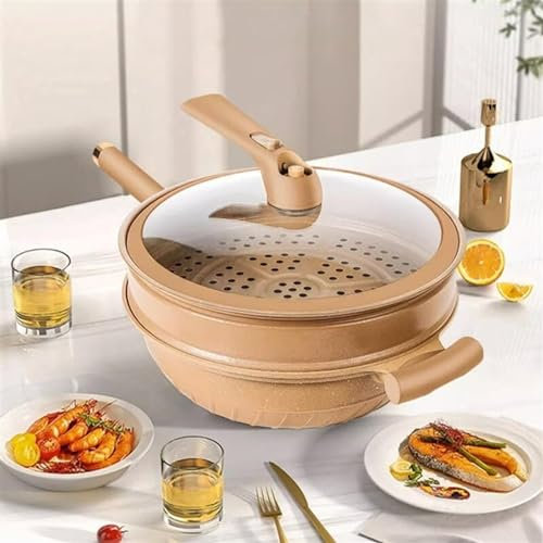 12.6in Multifunctional Pottery Clay Non-Stick Micro Pressure Pot, 3-layer Bottom Even Heat Distribution Woks, Non-Stick Clay Wok with Steamer Basket