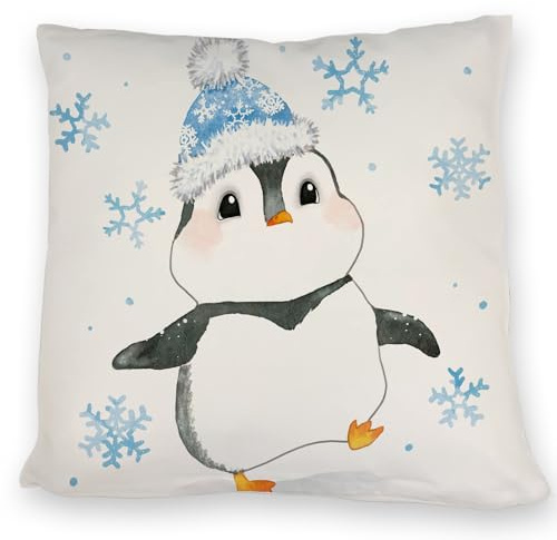 speecheese Pinguin mit Blauer Mütze Kissen EIN bequemes DekoKissen für die Weihnachtszeit Kissen Frauen KuschelKissen mit Motiv EIS Aquarell Sofa süßes Baby Weihnachten