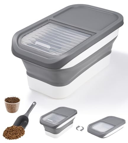 Zawaer Conteneur Croquette Nourriture pour Chien Chat 5KG, Boite à Croquettes Chien Seau de Stockage Pliable Container avec Cuillère Tasse à Mesurer pour Nourriture et Friandises Animaux.(gris)