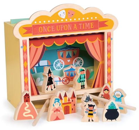 Mentari Toys – Tischtheater aus Holz – Puppenständer aus Holz mit magnetischen Stäben, um die Geschichte lebendig zu machen, enthält 7 Charaktere, 4 Szenen-Requisiten und 3 illustrierte Hintergründe,