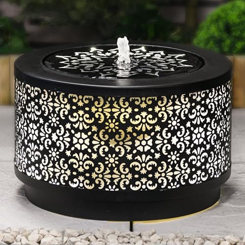 Serenity Outdoor Metal Garden Water Feature with LED Light 25cm Tall Mosaic Inspired Self-Contained in Gun Metal Grey Easy Setup 2m Power Lead Included