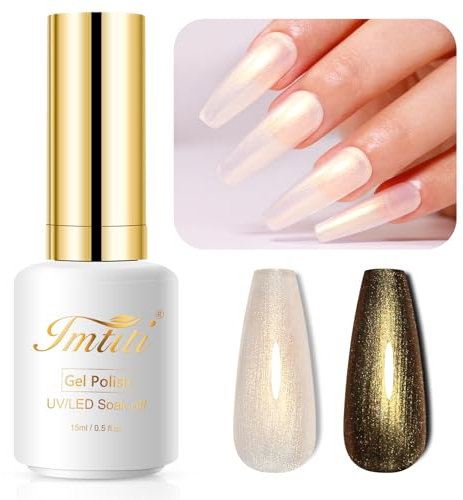Imtiti Pearl Gel Nail Polish, 15ML Gold Transparent Shell Shimmer Nail Gel Polish Mermaid Nail Drawing Gel Polish Iridescent Pearlescent Spring Summer Nail Polish Soak Off Led UV