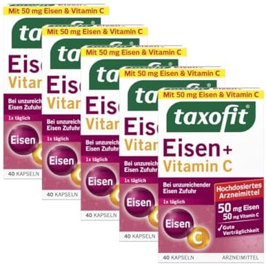 taxofit Eisen + Vitamin C | Bei unzureichender Eisenzufuhr | Kapseln | 5 x 40 Stück