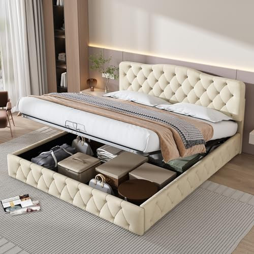 Skcess Polsterbett 180X200 Mit Lattenrost Und Kopfteil, Jugendbett, Polsterbett Mit Höhenverstellbares Kopfteil, Stauraumbett, Samt, Beige