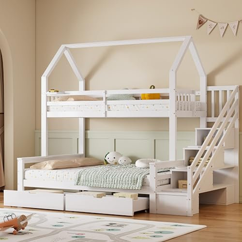 Hausbett Etagenbett 90 x 200 +140 x 200 mit Treppe und 2 Schubladen, Drei-Schläfer Hochbett Kinderbett Stauraumbett, Kinder und Mutterbett Funktionsbett Stockbett Jugendbett, Kieferbettrahmen, Weiß