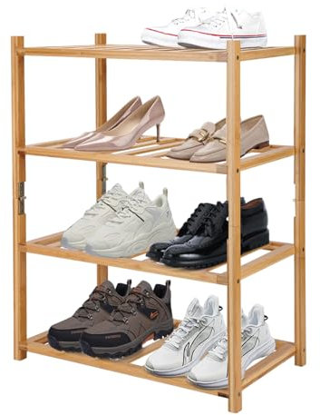 Akloya Small Shoe Rack, Multipurpose 4 Tier Shoe Organizers Rack，Small Bamboo Shelfs for Shoes, Plants, Books, Living Room, Hallway Bedroom, Bathroom (4 Tier)
