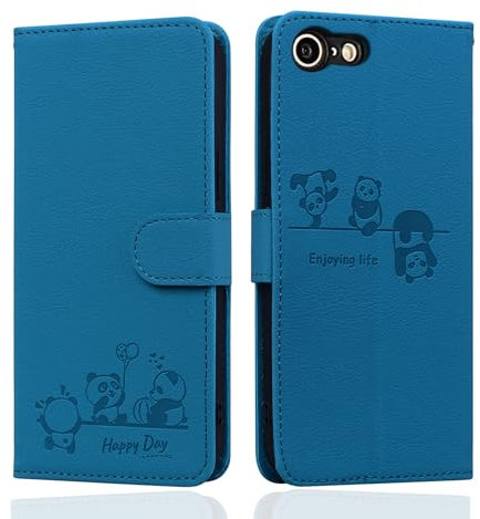 Butnyeoe for iPhone SE 2022/SE 2020 Phone Case, iPhone 8/7 Wallet Case, Leather Magnetic Book Flip Protective Cover with Card Holder, Cute Cartoon Panda Blue