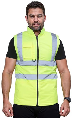 GUBA Mens Hi Vis Body Warmer, High Visibility Fleece Lined Reversible Waterproof Workwear Safety Security Warm Gilet Waistcoat Bodywarmer Sleeveless Jacket (Yellow, L)