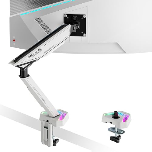 ARES WING RGB Single Monitor Arm Desk Mount for 17-45 inches Flat and Curved Monitors, Holds 35.2 lbs Heavy Duty, Adjustable Ultrawide Monitor Arm with Clamp & Grommet Base, 75/100 VESA Mount, White