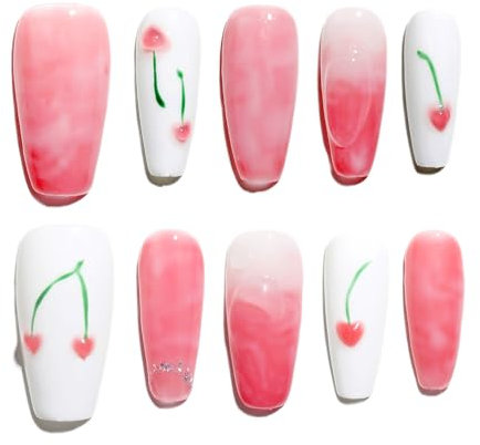 Sun&Beam Nails Handgefertigte Kunstnägel Mittel Lang Sargform Ballerina Nägel zum Aufkleben in Rosa Weiß Kirsche Handgemalt Poly-Gel Design mit Klebepads 10 Stück (#171 M)