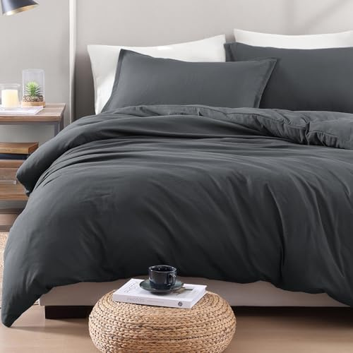 Double Duvet Cover & Fitted Sheet 4 PC Set, Pre-Washed - Charcoal | Pre-Washed, Quilt Cover Set with Pillowcases, Zipper Closure, OEKO-TEX Certified, Soft Breathable Comfort for Home and Hotels