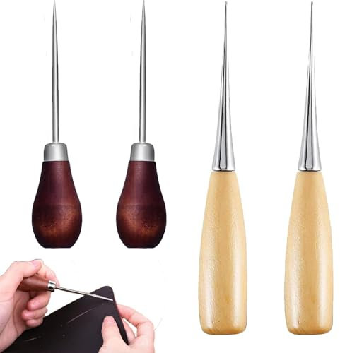Pack of 4 Wooden Handle Hole Punch, Awl, Bradawl, Sewing Awl, Awl Tool, Bradawl Tool, Bradawl Tool for Wood, Bradawl Tool, Bradawl Tool for Wood, for Leather Craft Cloth Pouch Hole DIY Handmade Maker