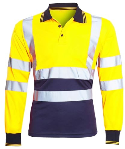 Generation-Plus+® Hi Viz High Visibility Long Sleeve Polo Shirts - Men's Reflective Tape Safety Hi Vis Security Work Breathable Lightweight Workwear T-Shirt Tops Plus Size S-5XL