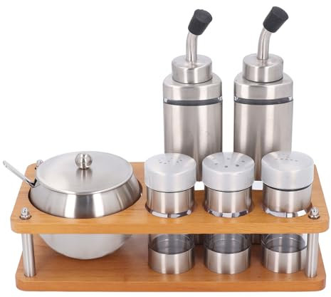 Öl Essig Salz Pfeffer Gewürzspender Set, Öl und Essigflaschen Set mit Holzgestell, Küchen Edelstahl Kunststoff Gewürze, Pfefferstreuer, Aufbewahrung für Salz, Zucker