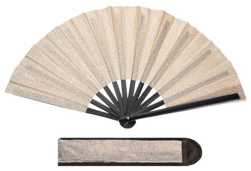 PATIKIL 13 Glitter Clack Rave Fan with Holster, Large Holder Folding Hand Fan Holder Handheld Fan for Women Edm Festival Club Party Dance, Champagne Gold
