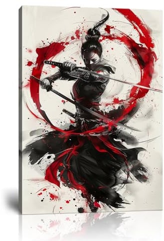 Japanische Samurai-Wandkunst, Frauenkampf-Gemälde, Leinwanddrucke, rote Kriegerbilder, Bushido-Poster für Schlafzimmer, Klassenzimmer, Wohnheim, Wohnzimmer, ästhetische Dekoration, gerahmt (61 x 91,4