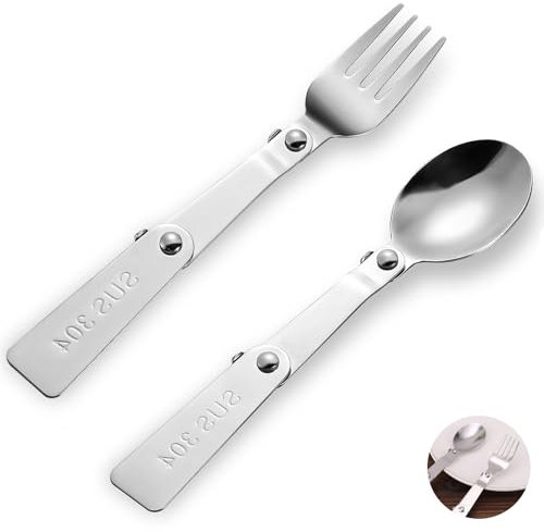 2 Pcs Stainless Steel Folding Spoon and Folding Fork, Reusable Foldable Fork and Spoon, for Outdoor Camping and Hiking