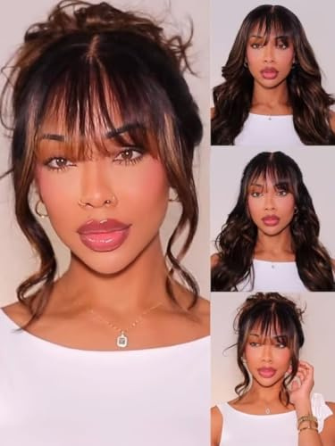 UNICE Balayage Highlight Flauschige Natürliche Lose Wellen Vorhang Pony Perücke Echthaar Pre Everything 33 x 10 cm Lace Front Glueless Wigs Pre Plucked Natural Hairline Ready to Wear Frontal Wig 50,8