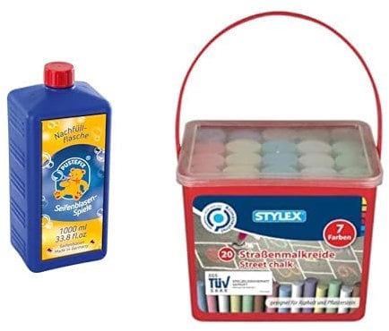 PUSTEFIX - Seifenblasen Nachfüllflasche Maxi 1Liter + Stylex Straßenkreide 20er 7 Farben im Eimer