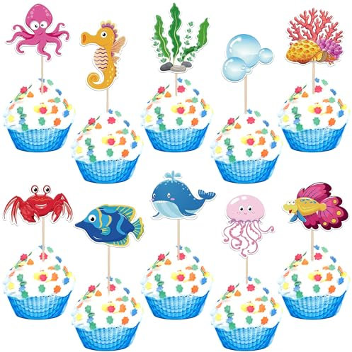 Xsstarmi 40 Pack Ocean Animal Cupcake Toppers Coral Whale Octopus Jellyfish Cupcake Picks for Under the Sea Theme Baby Shower Kids Birthday Party Cake Decorations Supplies