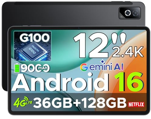 DOOGEE TAB G6 PRO Android 16 Tablet 12 Inch Android Tablets, 2.4K 90Hz, 36GB+128GB/2TB Tablet with Sim Card Slot, 9000mAh,Helio G100 Octa Core,4G LTE| 5G WiFi| 13MP+8MP| Face ID| BT 5.2| GPS-BLACK