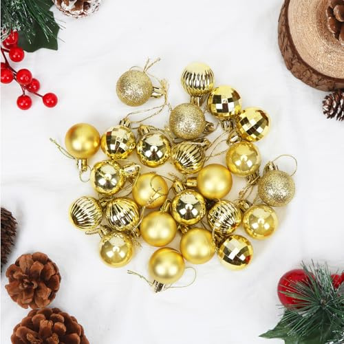 42 Stück Kleine Weihnachtskugeln, 3 cm Mini Christbaumkugeln in 6 Designs, Kunststoff Weihnachtsbaumschmuck Splitterfrei mit Aufhänger Seil, für Christbaumschmuck Deko Weihnachten (Gold)
