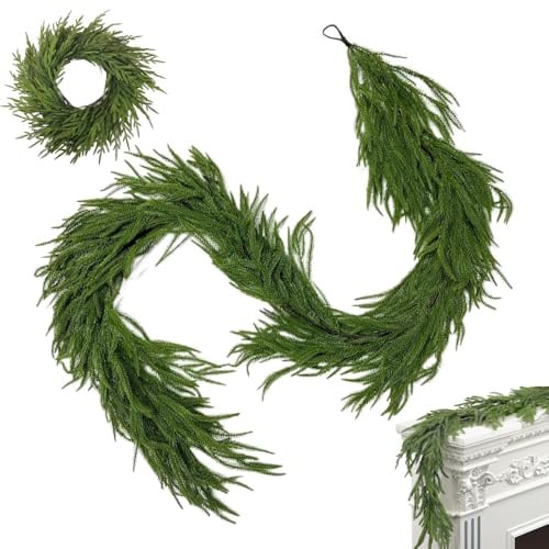 Norfolk Tannengirlande, 1.8M/6FT Künstliche Weihnachtsgirlande Lange Künstliche Grüne Girlande, Norfolk Pine Girlande Kieferngirlande für Urlaub, Kamin, Kaminsims, Fenster, Treppen, Innen- und Außen