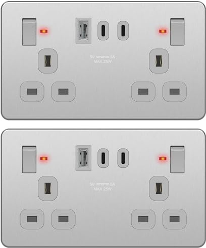 LIDER 2-Gang Switched 13A Socket, 25W Combined Output, Stainless Steel | LED Power Indicator, Always-On USB Port, 2 Pack, Use A 35mm-Deep Back Box, UKCA Certified, Child Safe & Insulation-Test Ready