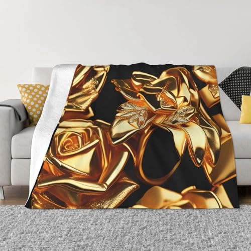 Ultraweiche Micro-Fleece-Decke mit goldfarbenem Rosenmuster, gemütlich, leicht und warm für Bett, Couch, Sofa