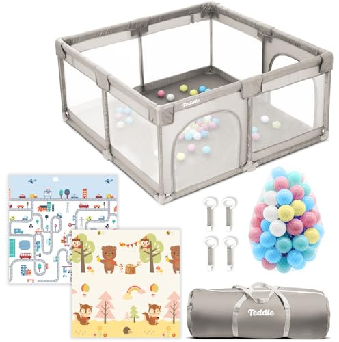 Teddle Laufstall Baby -Laufgitter Baby mit 50x Spielbälle – Playpen für Innen und Draußen (Beige, 120x120cm)