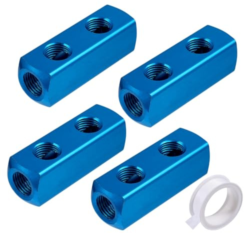 beinkmake 4 PCS 2 Way 5 Port Air Compressor Manifold G1/2 Supply Port G1/4-Inch Output Aluminum Air Hose Inline Manifold Block Splitter with 3 Metres Tape Blue
