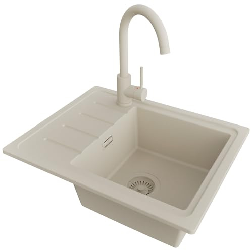 PRIMAGRAN Granitspüle ab 45er Unterschrank + Küchenarmatur, 55x44cm | Set: Küchenarmatur BW5010 + Ablauf-Set + Spülbecken 1 Becken - Kopenhagen Easy, Alles Beige