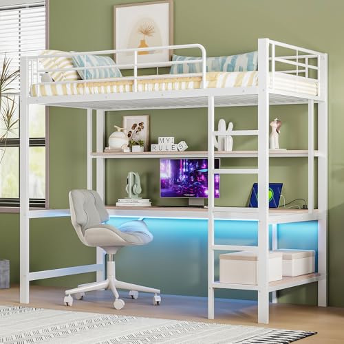 OKMYHOME Hochbett 90 x 200 cm – Hochbett für Jugendliche/Kinder mit integriertem Schreibtisch und Ablagen, LED und USB-Stecker, Metall, Weiß, ohne Matratze