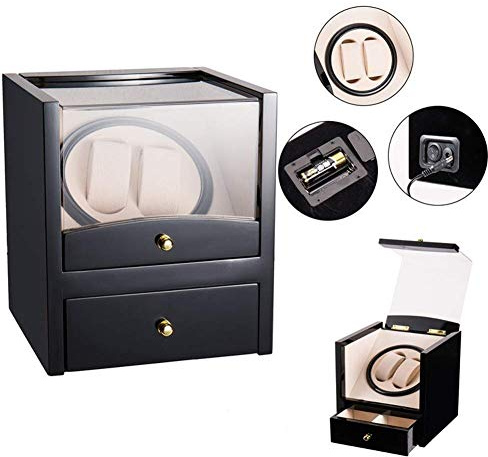 HCZKIUJY Uhrenbeweger automatisch Automatische Uhrenbewegerbox Automatische mechanische Uhrenbox 2 Armbanduhren + 2 Aufbewahrungskoffer Schubladen Rotierende elektrische Wickelbox Uhrenbewe