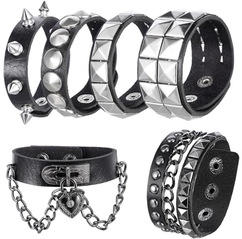 Tucnoeu 6 pulseras de cuero punk gótico rock con pinchos para hombres y mujeres, pulseras de metal con tachuelas, pulseras emo, accesorios negros geniales para fiesta, cosplay, club nocturno, regalo