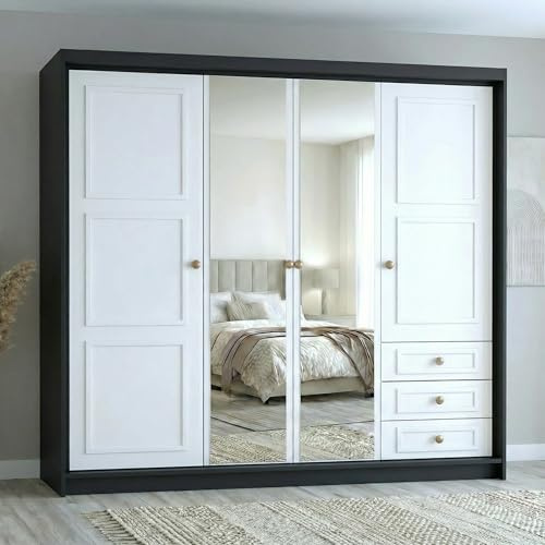 A&J MöbelLand Oslo Kleiderschrank 4-türig mit 3 Schubladen – 200 x 215 cm – Drehtürenschrank mit Kleiderstange und Einlegeböden, Modernes Design mit Metallgriffen