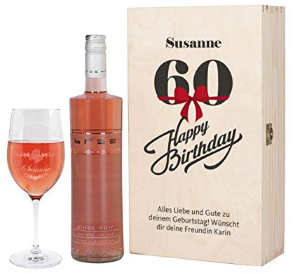 Herz & Heim® Bree Wein-Präsent mit graviertem Weinglas und Bree Wein zur Auswahl in Geschenkkiste zum 60. Geburtstag Rosé