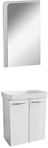 FACKELMANN weißes Hochglanz Badmöbel Set 3-TLG. Milano Gäste WC mit Waschbeckenunterschrank 55 cm & LED Badspiegel