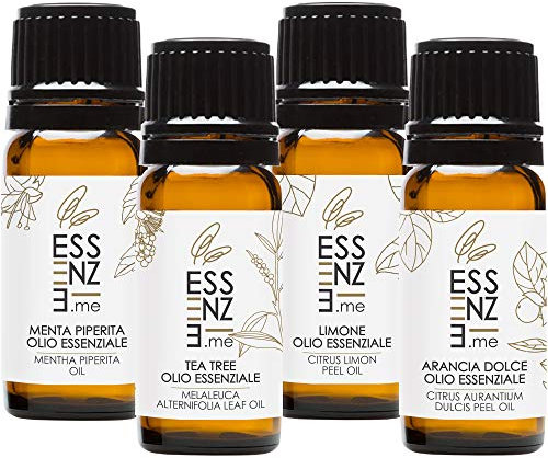ESSENZE KIT SET 4 OLI ESSENZIALI Puri al 100% Naturali 10ml Olio Essenziale Menta Piperita, Tea Tree, Limone, Arancia Dolce. Per Diffusori Ambiente Aromaterapia. Controllati e Confezionati in ITALIA.