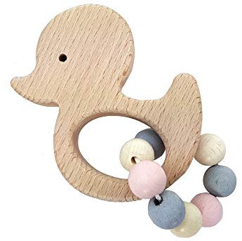 Hess Holzspielzeug 11111 - Greifling aus Holz mit kleiner Kugelkette, Nature Serie Ente in Rosa, für Babys ab 6 Monaten, handgefertigt, für Greifübungen und fröhlichen Spielspaß