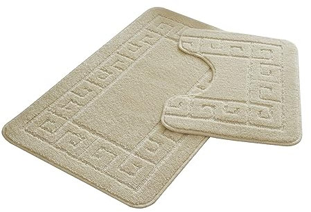 FAIRWAYUK Bathroom Mats Sets 2 Pieces, Ultra Plush Greek Pattern Bath Toilet Mat Anti Slip Pedestal Set, Extra Absorbent 100% Polypropylene Rug, Bathroom Accessory (Cream)